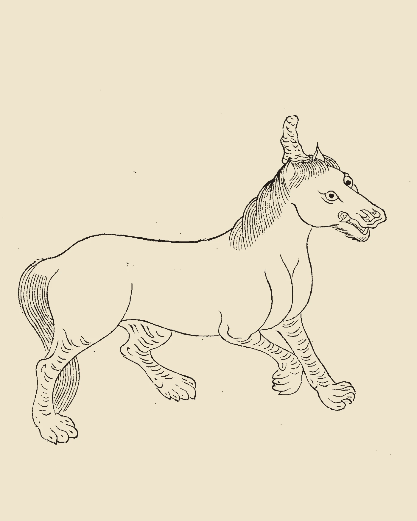 Woodblock print from Gujin Tushu Jicheng showing the horned chimeric steed Bo with feline claws and white torso pacing, inscribed 'Bo Tu'