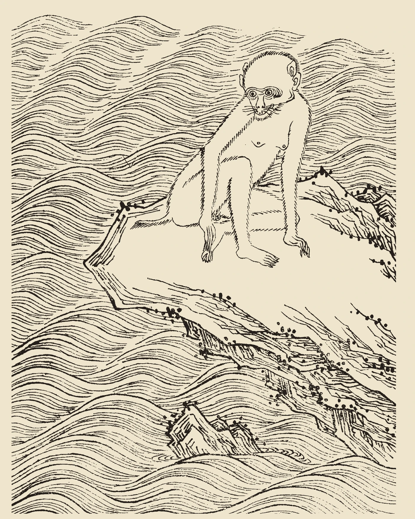 Woodblock print from Gujin Tushu Jicheng showing Changyou, a four-eared monkey perched amidst floodwaters