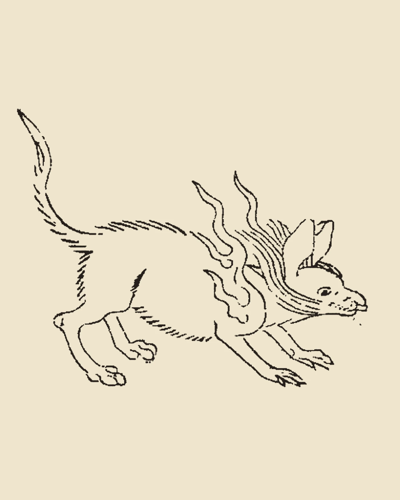 Woodblock print from Jiang Yinggao's Shan Hai Jing Tu Hui Quan Xiang showing Ershu, a rabbit-headed rodent with upright ears and tail raised to glide