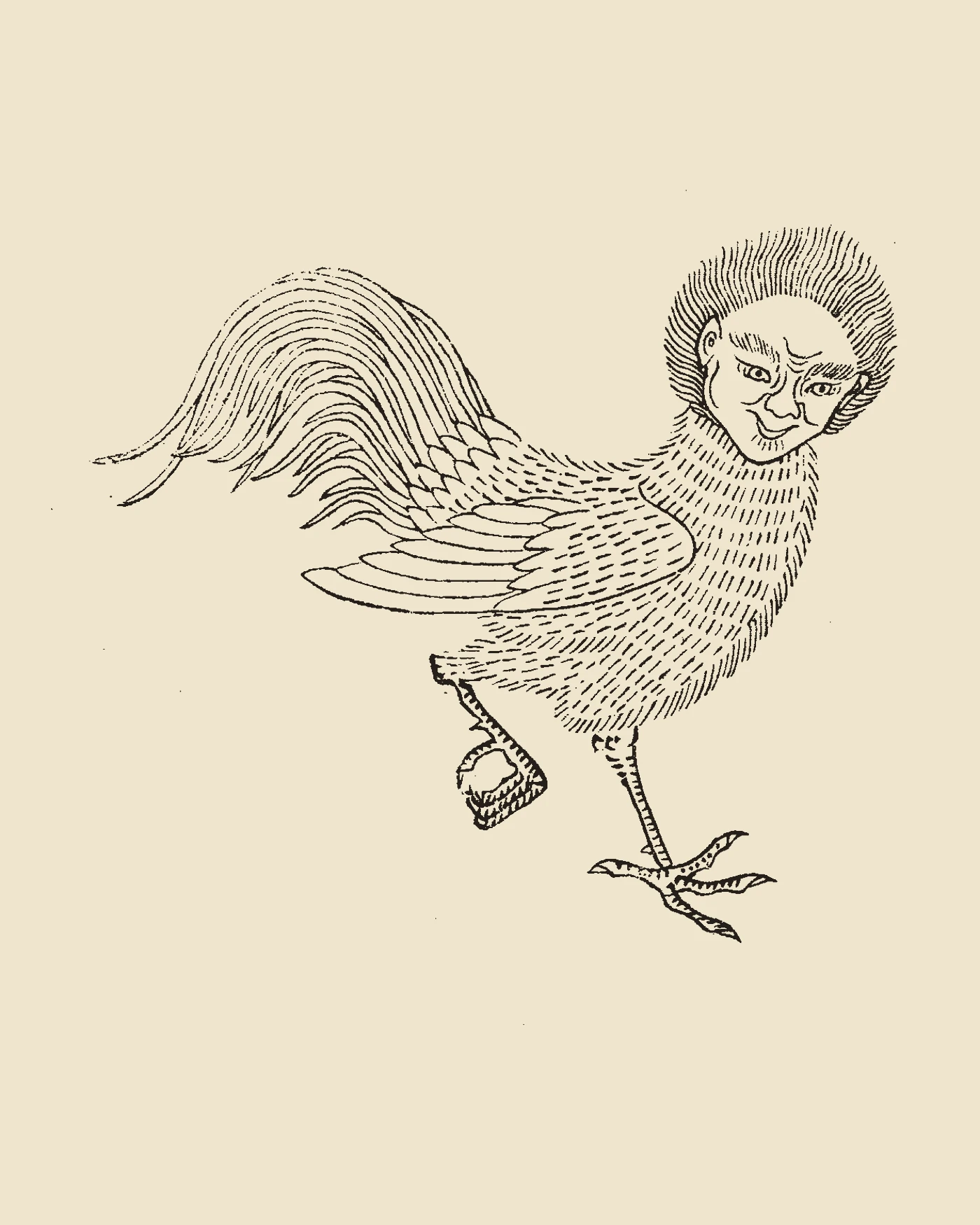 Woodblock print from Gujin Tushu Jicheng showing the human-faced rooster Fuxi standing on mountain crags, inscribed 'Fuxi Tu'