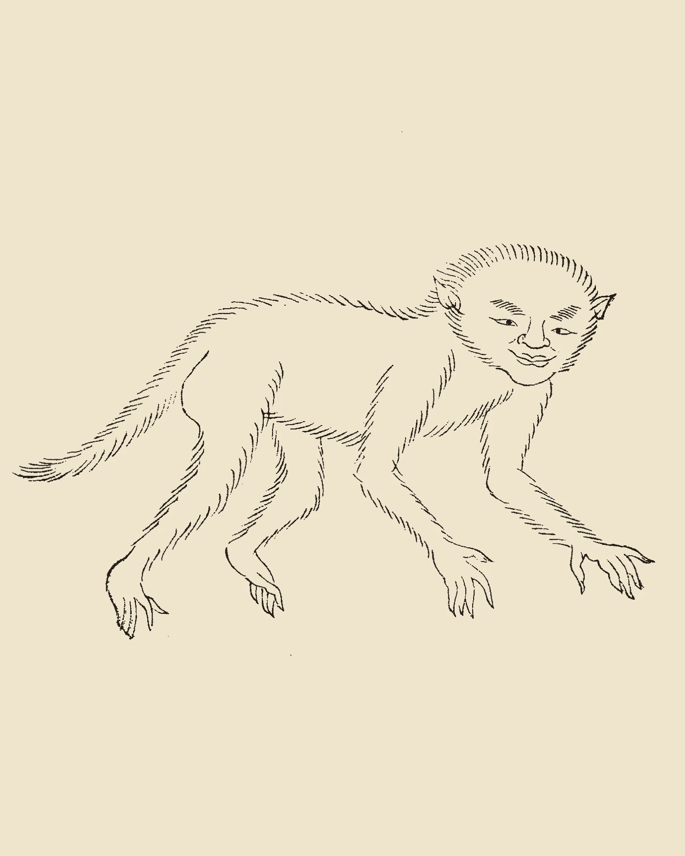 Woodblock print from Gujin Tushu Jicheng showing the humanoid beast Huahuai with swine bristles crouching near mountain rocks, inscribed 'Huahuai Tu'