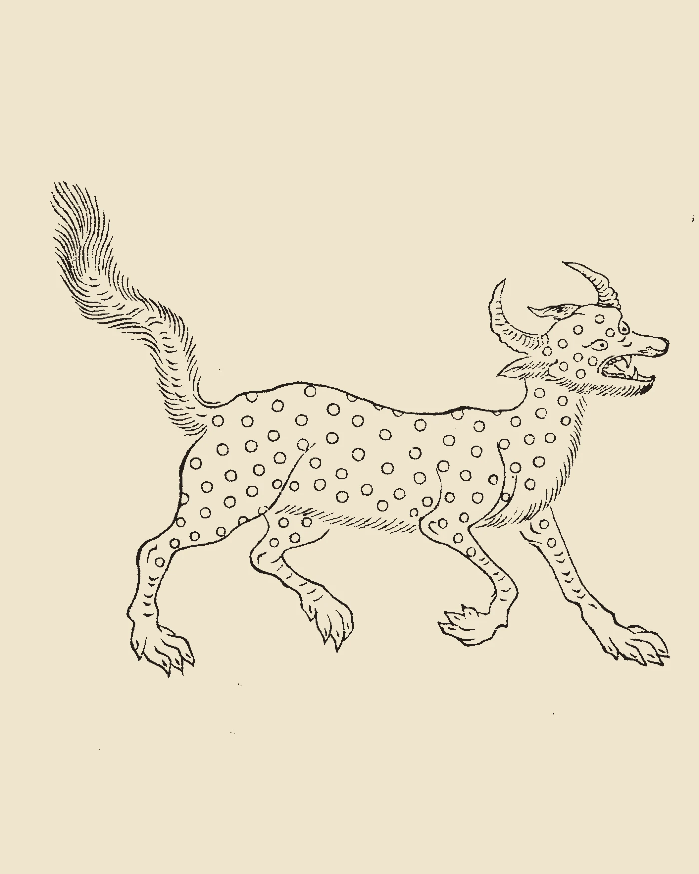 Woodblock print from Gujin Tushu Jicheng showing the horned, spotted canine beast Jiao trotting on grassy earth, inscribed 'Jiao Tu'