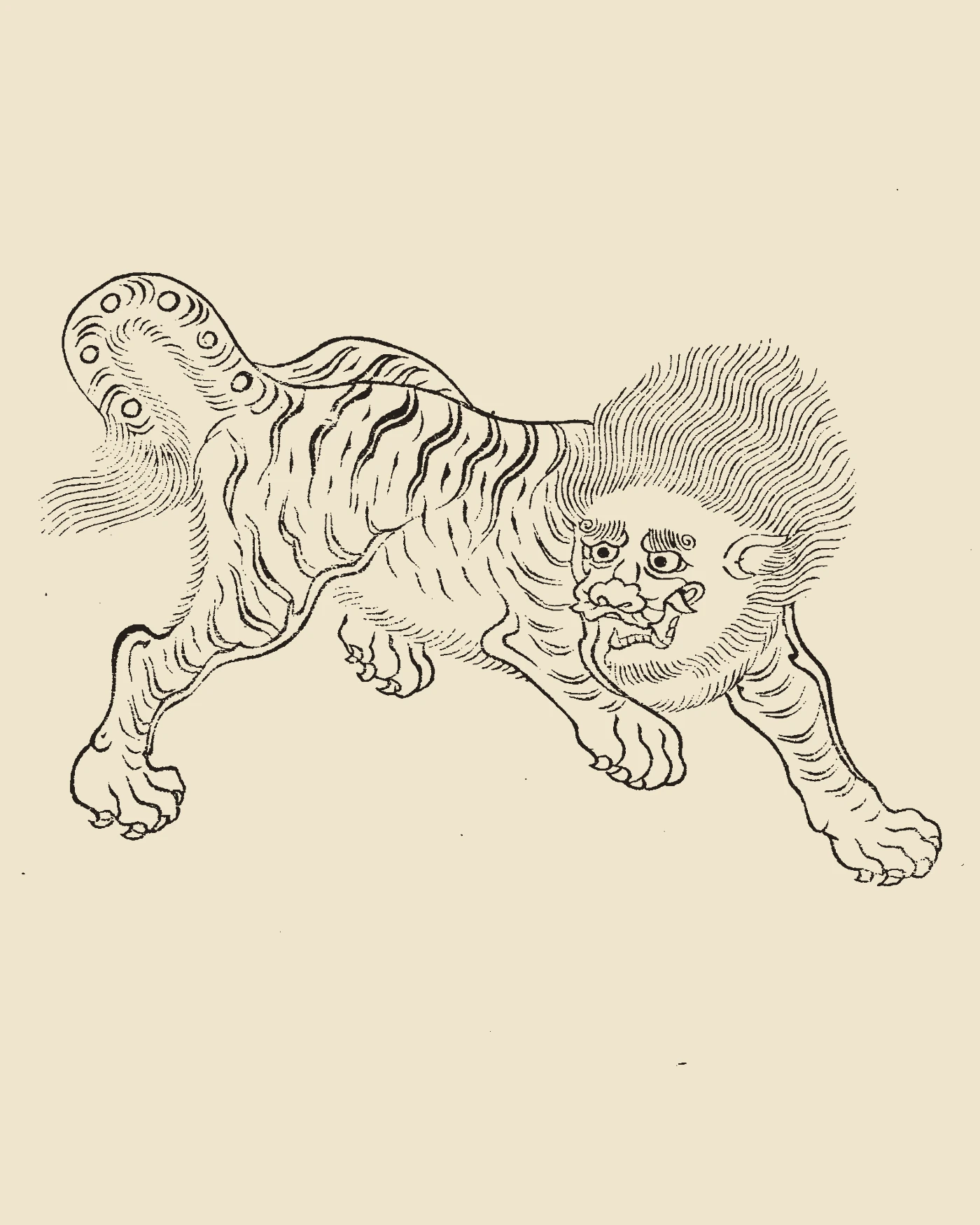 Woodblock print from Gujin Tushu Jicheng showing the maned wildcat beast Lei stepping over southern cliffs, inscribed 'Lei Tu'