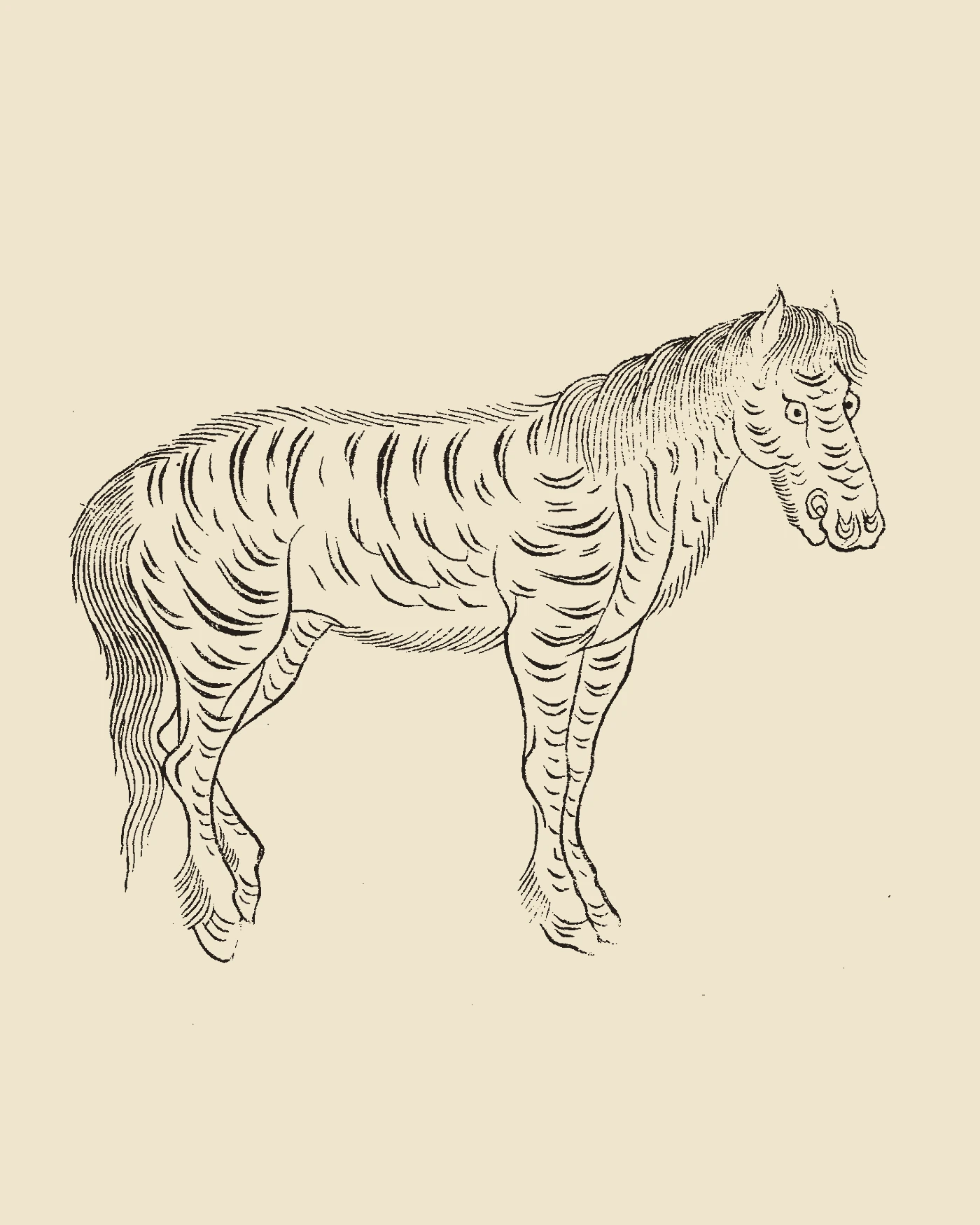 Woodblock print from Gujin Tushu Jicheng showing Lushu, a horse-like beast with tiger stripes, a white head, and a long tail