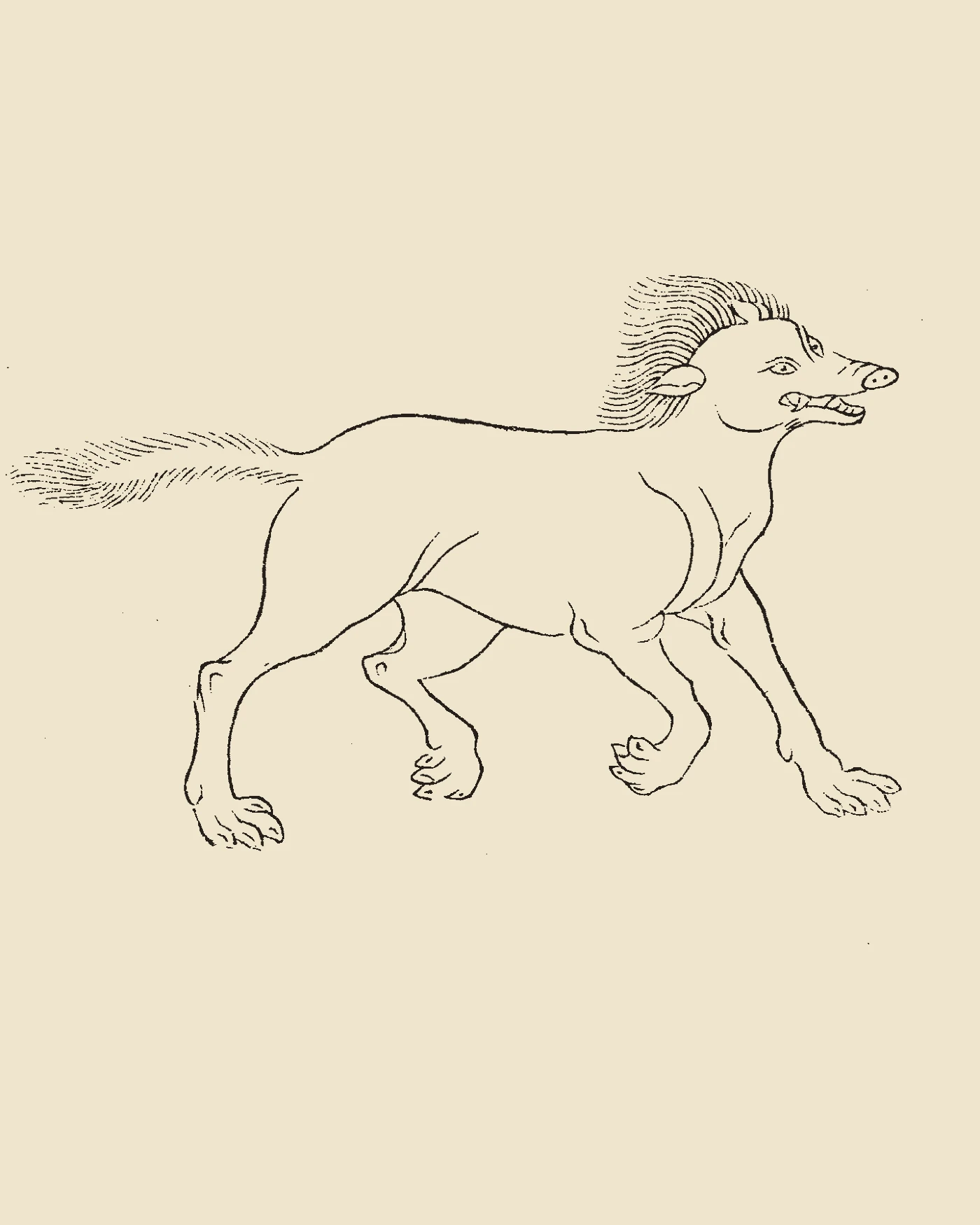 Woodblock print from Gujin Tushu Jicheng showing Menghuai, a red-bristled badger-like beast pacing alertly