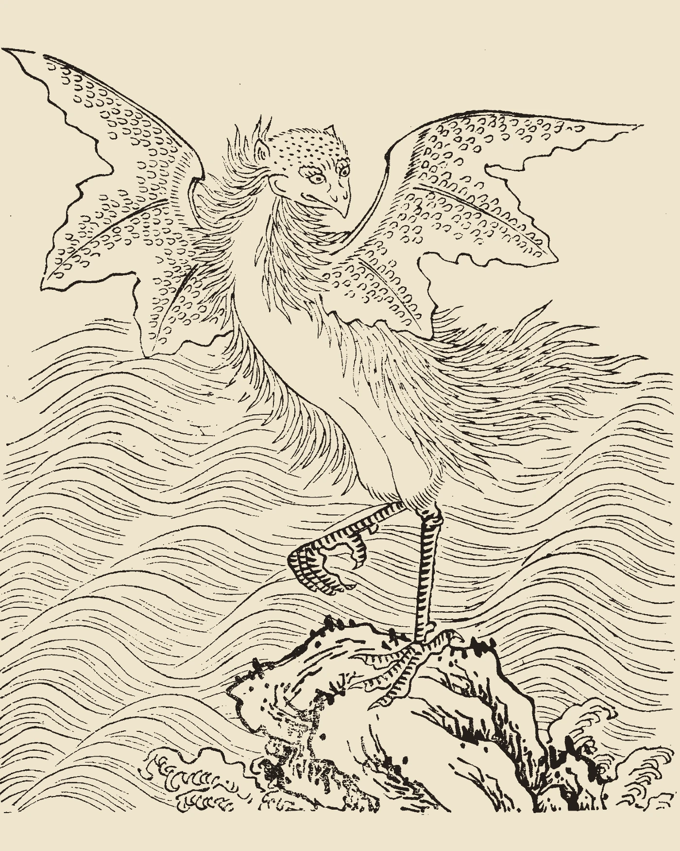 Woodblock print from Gujin Tushu Jicheng showing the colossal mythical bird Peng spreading vast wings as it ascends above crashing ocean waves