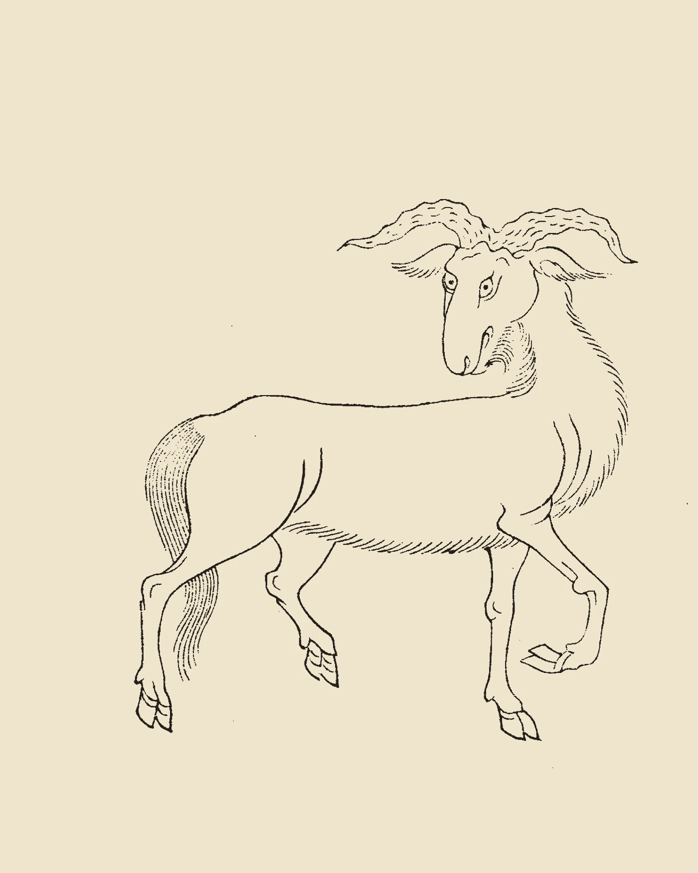 Woodblock print from Gujin Tushu Jicheng showing the robust mountain ram Qianyang with sweeping horse-like tail grazing along cliffs, inscribed 'Qianyang Tu'