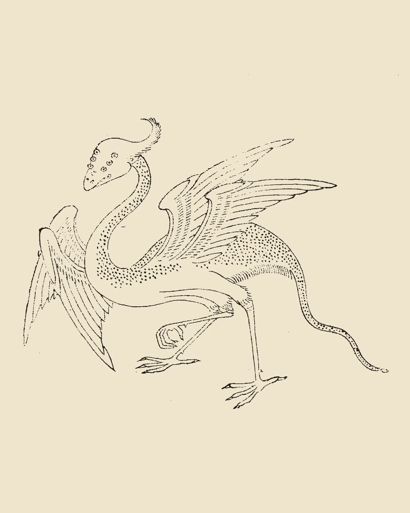Woodblock print from Gujin Tushu Jicheng showing the serpentine bird Suanyu with multiple wings and claws gliding, inscribed 'Suanyu Tu'