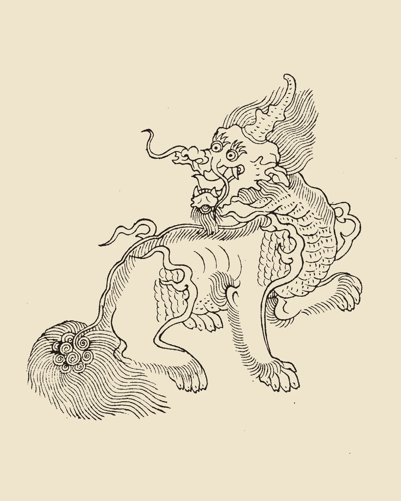 Woodblock print from Gujin Tushu Jicheng showing the single-horned beast Xiezhi standing on grassy ground with curled tail, inscribed 'Xiezhi Tu'