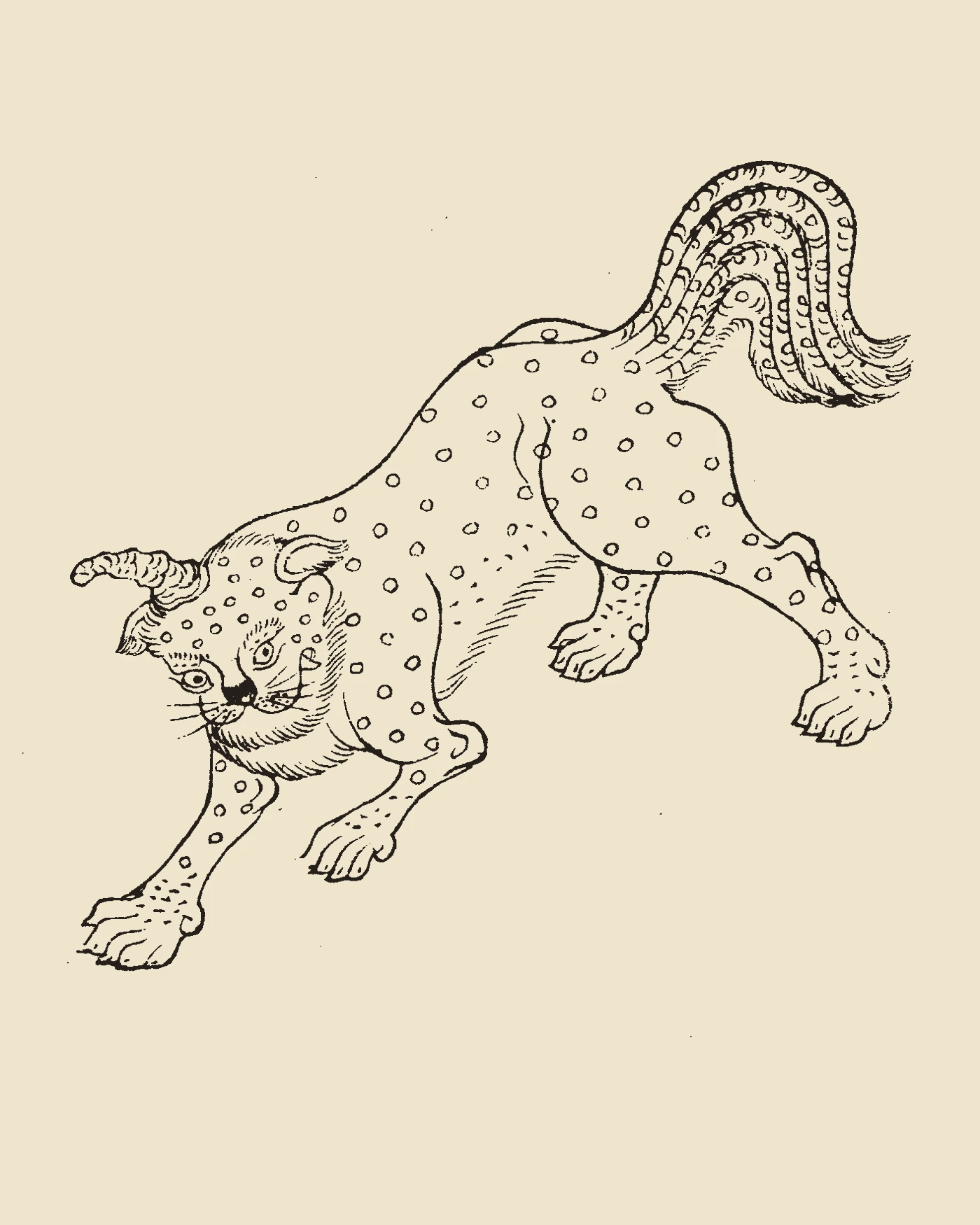 Woodblock print from Gujin Tushu Jicheng showing the horned five-tailed leopard Zheng leaping across mountain rocks, inscribed 'Zheng Tu'